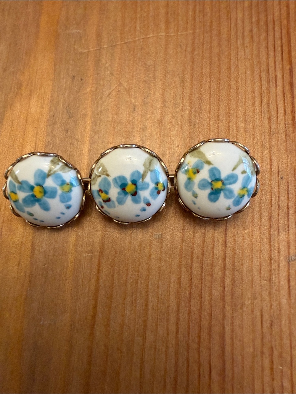 Hand-Painted Floral Porcelain Bar Brooch - Blue and yellow flowers